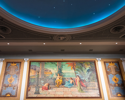 interior of Sottile Theatre showing twinkly blue dome and murals